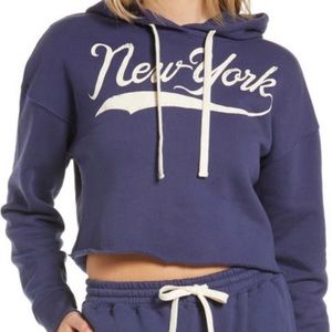 BP Womens Cutoff Graphic Hoodie Navy NewYork Medium 100% Cotton Cropped Pullover